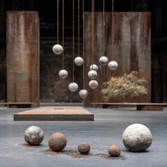 Spherical objects hang and rest on a textured floor within a muted setting.