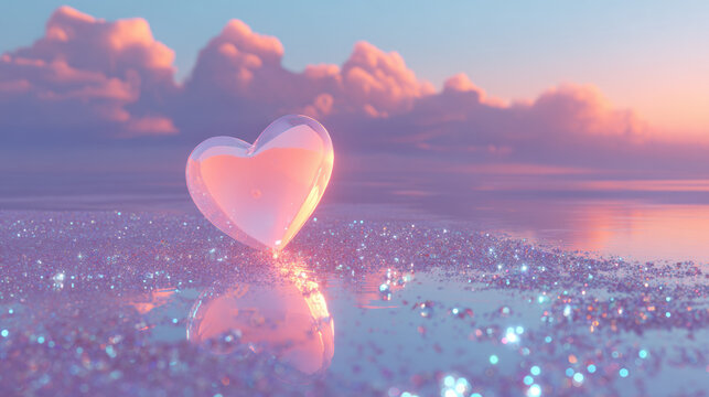 Cute dreamy scene with soft pink heart balloon floating above sparkling purple and blue landscape under pastel sky with glowing clouds