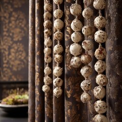Decorative beaded curtain hangs against textured dark floral fabric.