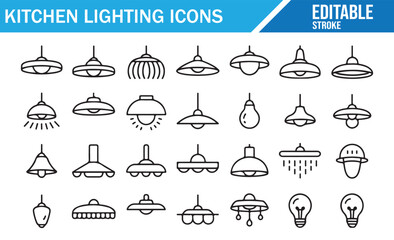 Editable Stroke Kitchen Lamp Symbols – Outline Set of Modern Interior Lighting Fixtures