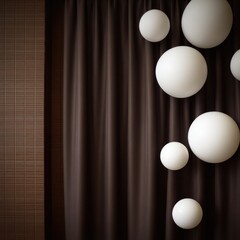Spherical lights float against a textured wall and dark curtain.