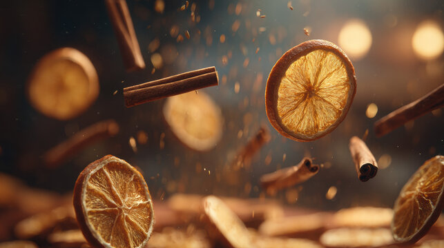 Photorealistic close-up of dried orange slices and cinnamon sticks falling and spinning mid-air with warm amber lighting creating holiday scent aesthetic
