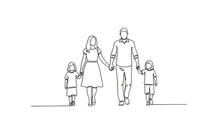 A minimalist line drawing of a family of four holding hands and walking in the same direction together