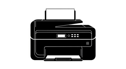 Isolated black and white illustration of a printer with paper on a white background in vector format