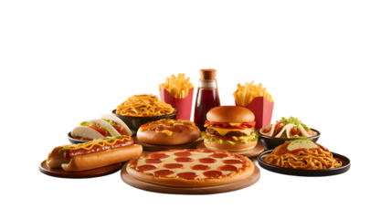 Delicious Fast Food Combo – Pizza, Burgers, Hot Dogs, Fries, and Noodles on Dark Background