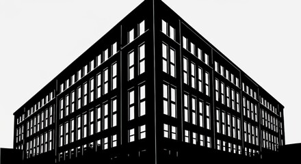 A low angle view of a black and white building with many windows on a white background design