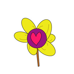 Fototapeta premium Colorful cartoon flower with heart shape in the center on a black background