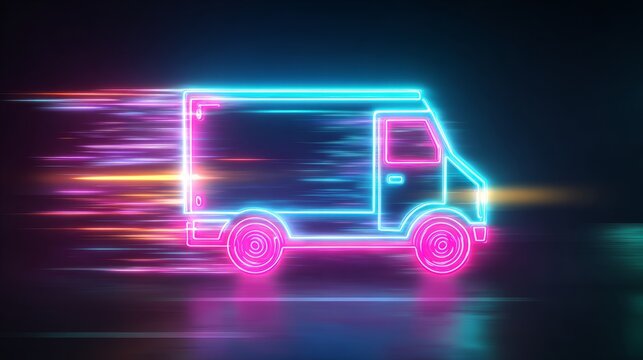 Neon fast delivery concept with glowing van in motion for futuristic design