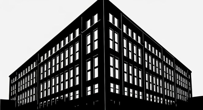 A low angle view of a black and white building with many windows on a white background design