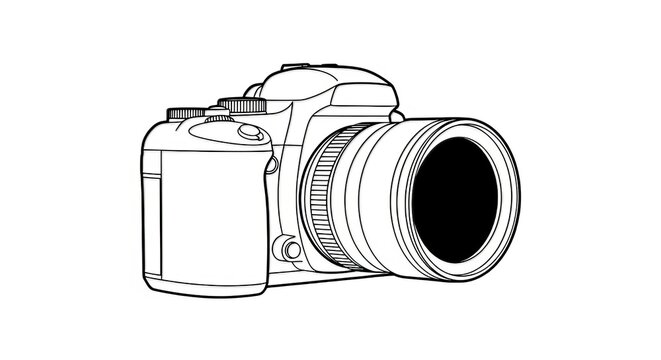 A detailed line drawing of a digital slr camera with a large lens on a white background studio shot