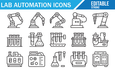 Science Automation Icon Set — Test Tubes, Flasks, Pumps, Controllers