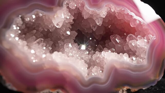 Agate Geode with Crystal Interior - A close up view shows a pink agate geode that has been cut open to expose the crystal interior. One of the crystals glitters brightly as the light hits it.