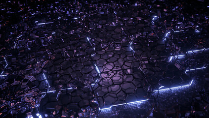 Illustration of abstract dark background with glowing hexagon pattern and cracked surface