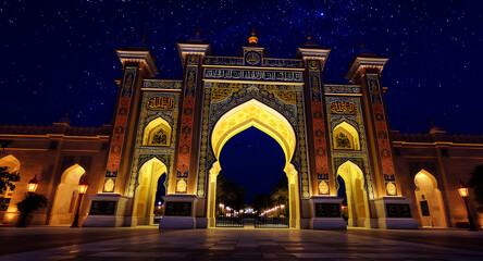 Beautiful Illuminated Islamic Gate at Night under Starry Sky – Traditional Middle Eastern Architecture