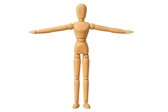 Wooden mannequin creating t-pose, artist drawing model displaying articulated body structure, transparent background