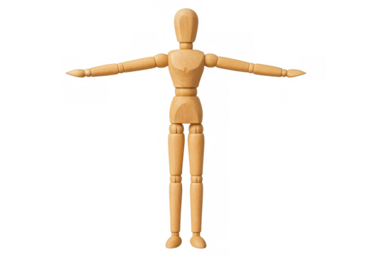 Wooden mannequin creating t-pose, artist drawing model displaying articulated body structure, transparent background