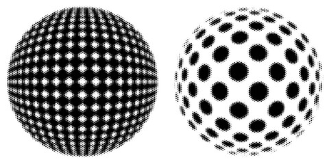 Black disco ball set. Collection of wireframe spheres in different angles. Grid globe or planet bundle. Outline mirrorball element pack for poster, banner, music cover, party. Vector illustration