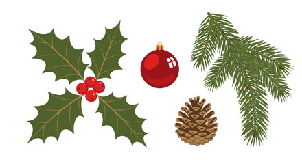 Festive Christmas cheer with holly berry, pine branch, pinecone, and red ornament create a classic holiday scene for cards, backgrounds, or designs