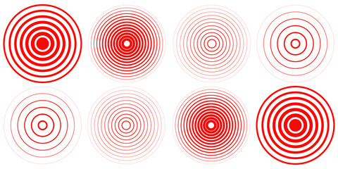Red concentric ripple circles set. Sonar or sound wave rings collection. Epicentre, target, radar icon concept. Radial signal or vibration elements. line vector illustration
