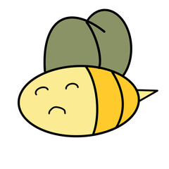 Cartoon bee with a sad expression and green leaves on a black background
