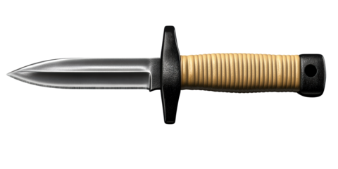 Steel combat knife with textured handle on white, cut out transparent