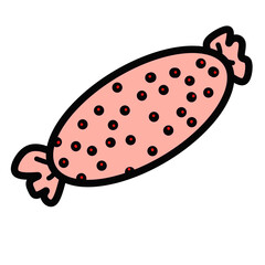 Colorful candy illustration in pink with black spots and twisted ends for playful design projects