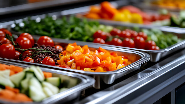 A vibrant salad bar showcasing a variety of fresh vegetables and toppings in stainless steel containers, promoting healthy eating and food service options.  #SaladBar #HealthyFood - Powered by Adobe