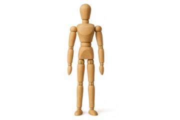 Wooden artist mannequin figurine standing, representing human body and pose, drawing aid for art and anatomy, transparent background