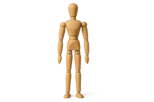 Wooden artist mannequin figurine standing, representing human body and pose, drawing aid for art and anatomy, transparent background