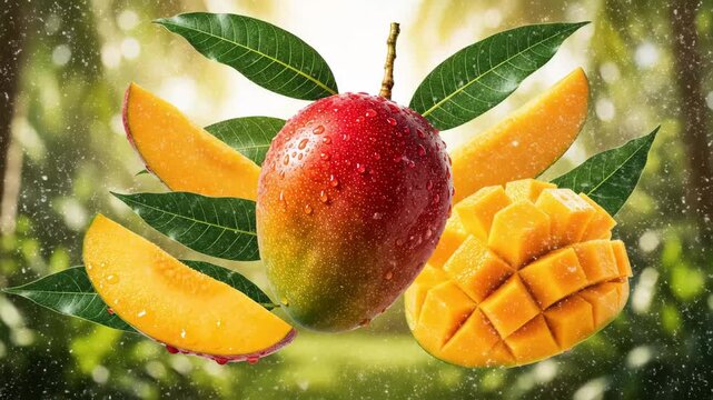 Fresh Mango Composition - A vibrant video features a whole ripe mango with water droplets, surrounded by slices and diced mango pieces.