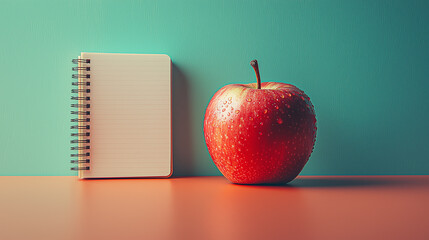 Desk setup featuring a fresh apple and a notepad on a vibrant background