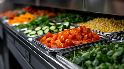A vibrant selection of fresh vegetables in metal trays, ready to be used in a salad or a dish. Variety of colorful veggies offer healthy, nutritious options.
