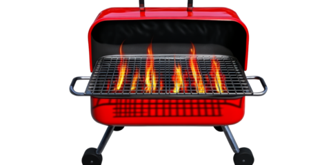 Red Charcoal Grill With Flames On Grate, cut out transparent