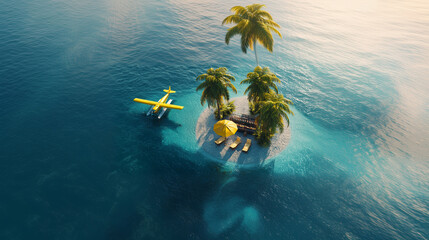 Serene seaplane docked near private island with palm trees and sun loungers
