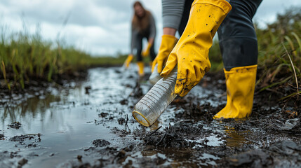 Community members participate in cleanup of muddy wetlands on a cloudy day