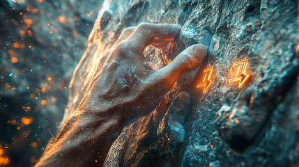 Climber grips rock face with glowing holds during sunset adventure