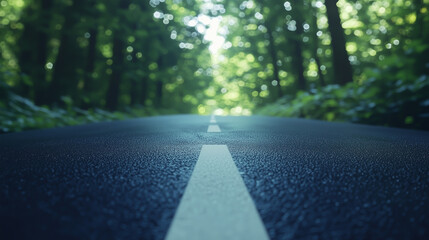 Winding road through a lush green forest in bright daylight