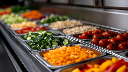 Obraz premium Variety of colorful fresh vegetables displayed in metal trays. A buffet-style setup featuring a rainbow of healthy ingredients for salad preparation. Healthy eating at it's best.