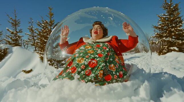 Joyful chubby woman in festive retro dress laughing inside a transparent snow bubble, playful winter fantasy, surreal holiday mood