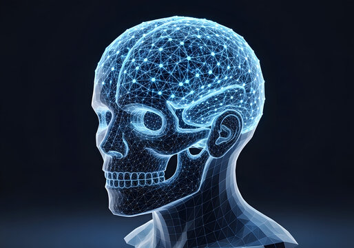 Glowing digital brain network inside human skull silhouette - Powered by Adobe