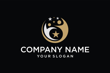 Fototapeta premium Modern Abstract People Logo with Stars - Gold and Silver Symbol for Teamwork and Success