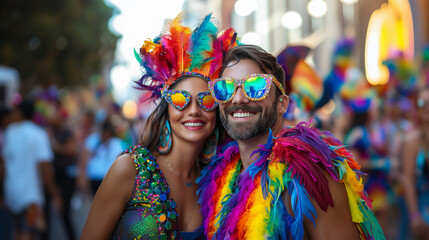 Colorful Mardi Gras celebration with vibrant costumes and joyful participants