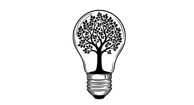 Illustration of a tree inside a lightbulb on a white background symbolizing green energy idea concept