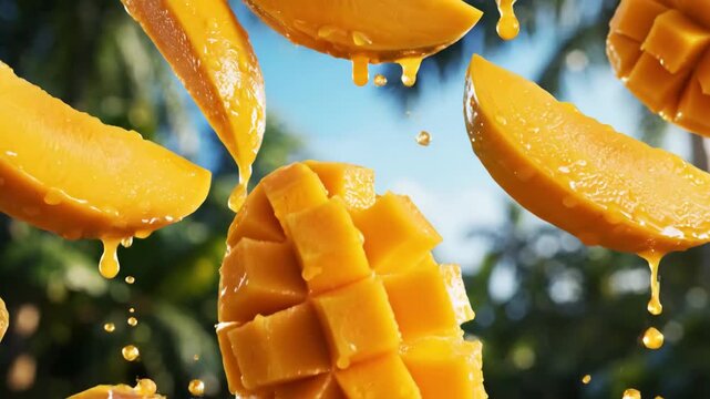Juicy Mango Slices in Mid-Air - This vibrant video features multiple slices and a cubed portion of ripe mango floating in the air with juice droplets.