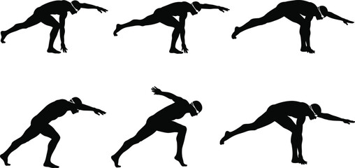 Athlete, silhouette, long jump, motion sequence, sports training, dynamic movement, track and field, biomechanics, jump phases, cap, balance, landing, flight, crouch, takeoff.