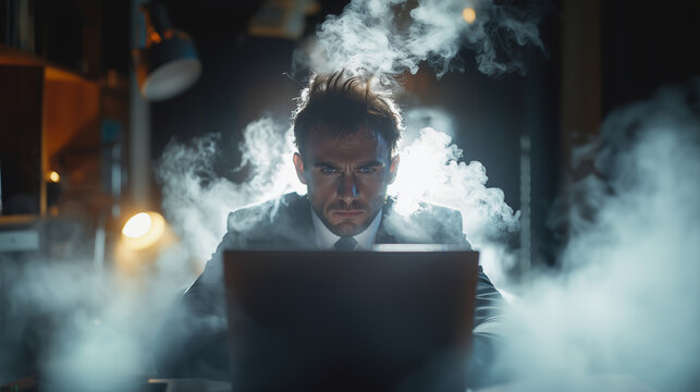 Focused individual works on a laptop in a smoky, dimly lit environment