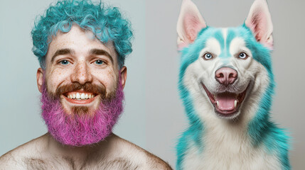 Unique duo of a man and a dog with vibrant pastel colors at home