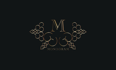 Vector elegant element for design template, place for text with initial letter M. Lace decor for greeting card, invitation, label, business sign.