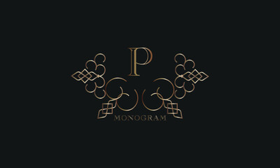 Vector elegant element for design template, place for text with initial letter P. Lace decor for greeting card, invitation, label, business sign.