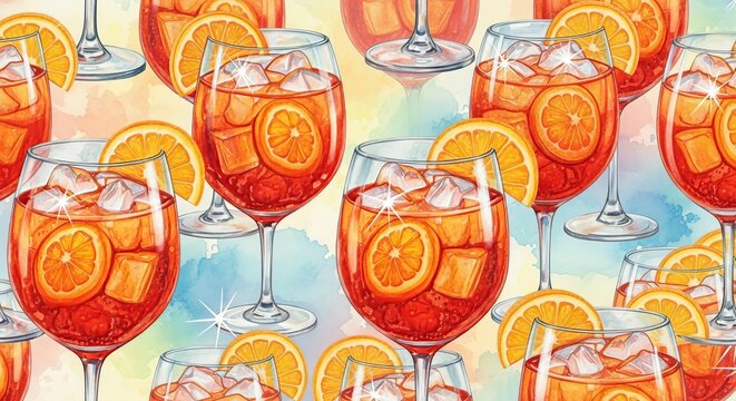 A seamless pattern of watercolor spritz cocktails with ice and orange slices on a light background